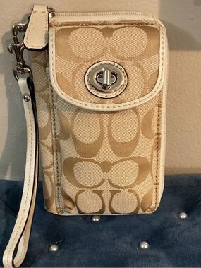 Coach Beige and Cream Signature Wristlet Phone Case